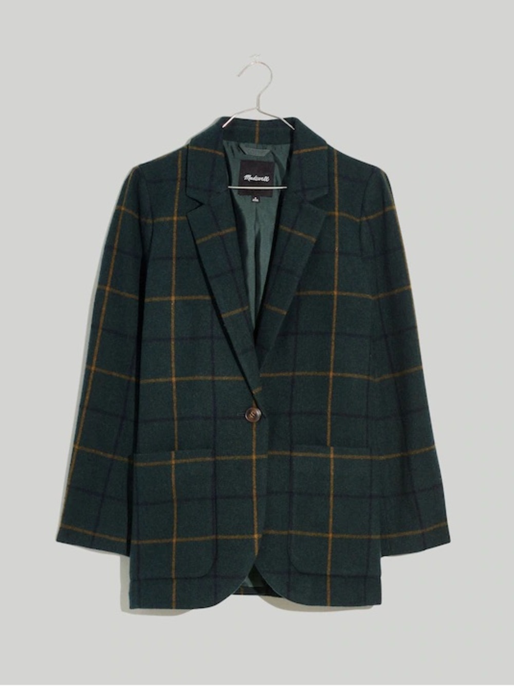 NWT Madewell one button wool blend forest green plaid blazer